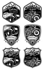 Obraz premium set of retro badges with car and motorcycle on background with mountains