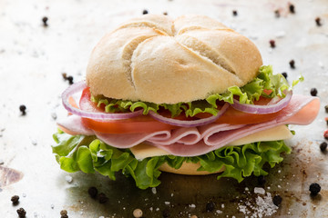 ham sandwich on steel plate