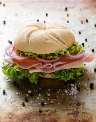 ham sandwich on steel plate