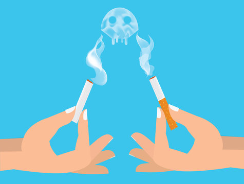 Hands breaking cigarette illustration. Harm of smoking concept.