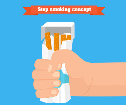 Stop smoking concept. Hand crushing a packet of cigarettes vector. Smoking cessation conceptual illustration.