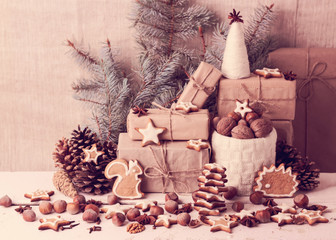 Christmas card. Christmas decorations - cookies, apples, nuts, s