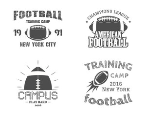 Set of american football team campus badges, logos, labels, insignias in retro monochrome style. Graphic vintage design for t-shirt, web. Colorful print isolated on a dark background. Vector © jeksonjs