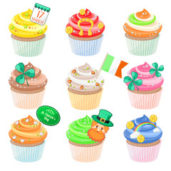 Set of festive Saint Patrick’s Day cupcakes with different decorations