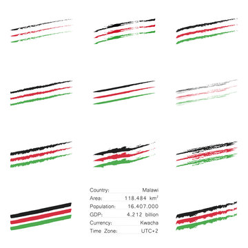 Malawi flag colored hand drawn lines set with different looks like brush, chalk, ink, paint and main informations about the country. 