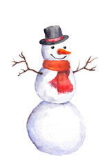 Smiling snowman with carrot, top hat and red scarf