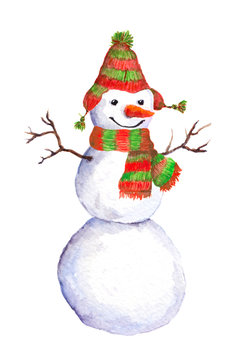 Watercolor painted snowman in red-green scarf and hat 