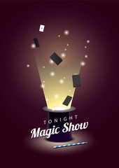 Vector poster with magician hat with flying cards and magic wand