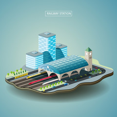 Railway station in the city isometric vector illustration