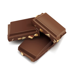 Three chocolate bars lying on top of one another isolated on the