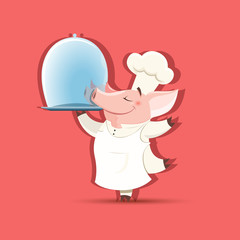 Vector cartoon Piggy chief brings a big restaurant dish