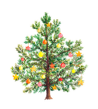 Christmas tree with decorative baubles. Watercolor