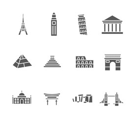 World landmarks silhouette icons set
