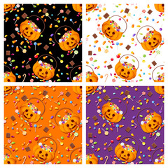 Vector set of four colorful seamless patterns with Halloween candies. 