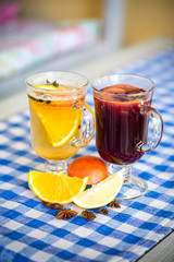Refreshing summer drink with Strawberry in jug and glasses on the vintage wooden table