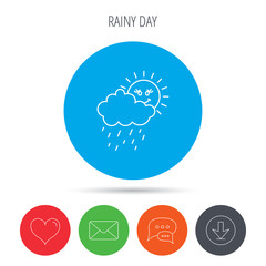Rain and sun icon. Water drops with cloud sign.