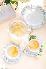 beautiful fresh cold peach tea with ripe peaches