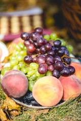 Grapes, peaches, plums in a vase
