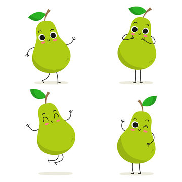 Pear. Cute fruit character set isolated on white