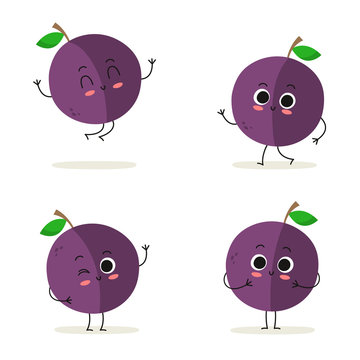 Plum. Cute fruit character set isolated on white