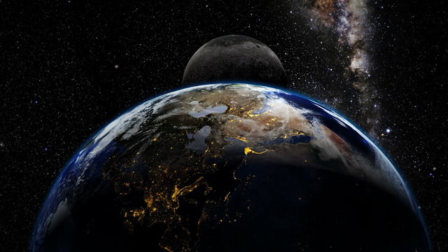 View on planet earth and moon from space with milkyway