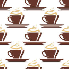 Brown cups of hot coffee seamless pattern