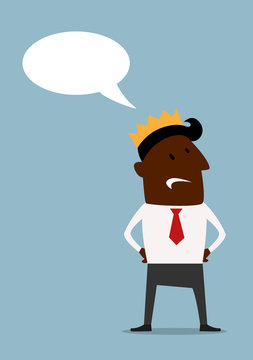 Black businessman in crown with speech bubble