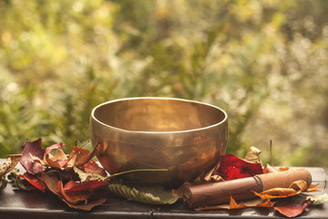 Naklejka na ściany i meble singing bowl made of seven metals surrounded of colorful autumn