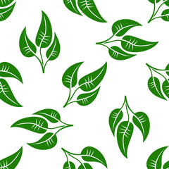Seamless pattern of green leaves on white