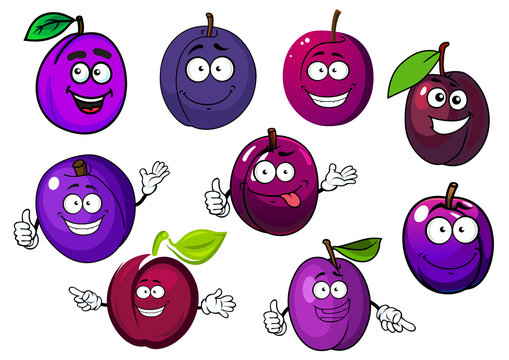 Cartoon fresh purple plum fruits