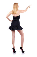 Sexy blonde girl presses virtual button isolated on white