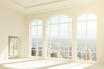 Sunny white loft interior with big windows and city view