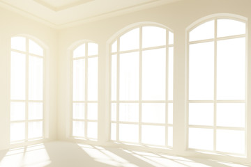 Sunny white interior with big windows
