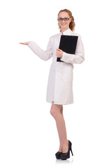 Pretty female doctor holding diary isolated on white