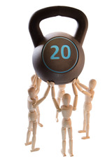 Group of puppets carrying heavy weight as a teamwork concept on white background