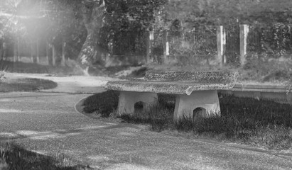 black and white, old stone bench in thel park