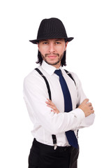 Man wearing hat and suspenders isolated on white