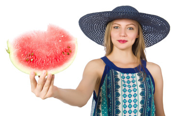 Woman with watermelon isolated on white