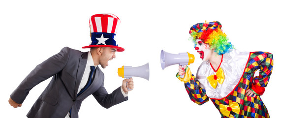 Clown and businessman holding loudspeakers isolated on white
