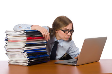 Office employee at job isolated on white