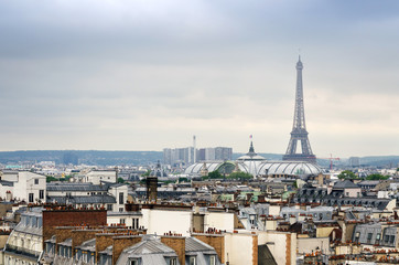 Fototapeta na wymiar Eiffel Tower and Grand Palais with roofs of Paris