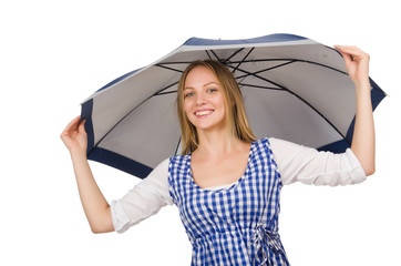 Woman with umbrella isolated on white