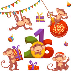 Christmas vector set with monkey for 2016 New Year