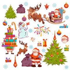 Merry Christmas icon set with Santa Claus, pine, snowman and