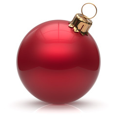 New Year's Eve Christmas ball bauble wintertime decoration red sphere hanging adornment classic. Traditional winter ornament happy holidays Merry Xmas event symbol glossy blank 3d render isolated