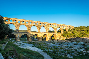 Morning view at Ancient Aqueduct Pont du Gard