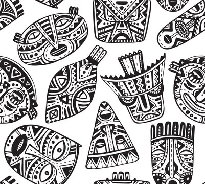 Seamless vector pattern with hand drawn fancy masks 