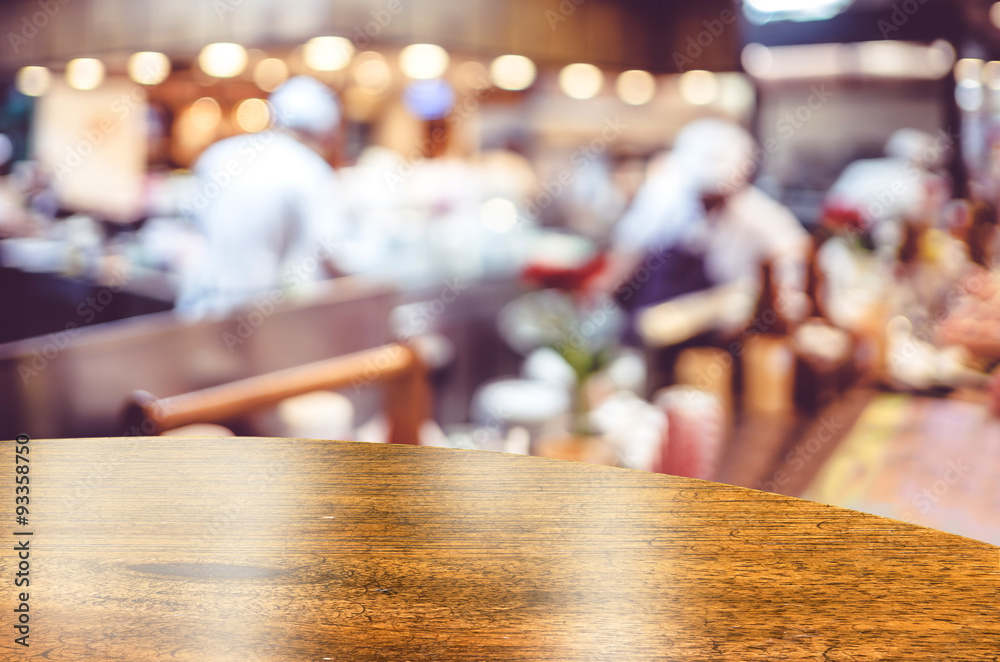 Poster empty round table top at restaurant blurred background with boke