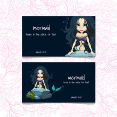 Two blue cards with mermaids and the text 
