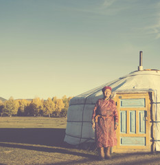 Mongolian Lady Standing Tent Scenic View Tranquil Concept
